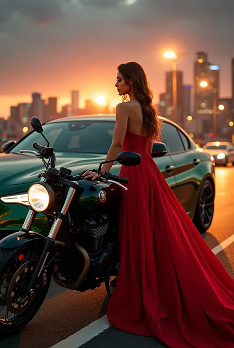  realistic photography , Machine,  Beautiful,   emerald Alfa Romeo Giulia Quadrifoglio is standing on the road ,  Next to a car , close up, standing Yamaha ,  a woman in an open red dress is sitting on a motorcycle,  against the sunset and the lights of th...