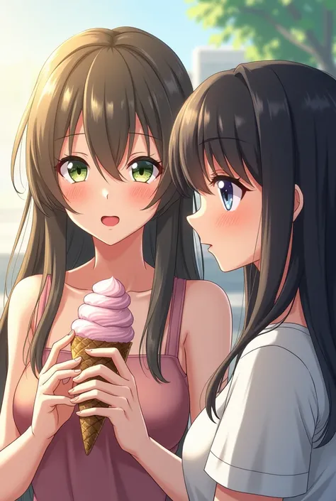 Create an image of two women in anime, the first with long hair and green eyes eating ice cream and another woman with shoulder-length black hair and honey-colored eyes in an anime next to you eating ice cream.