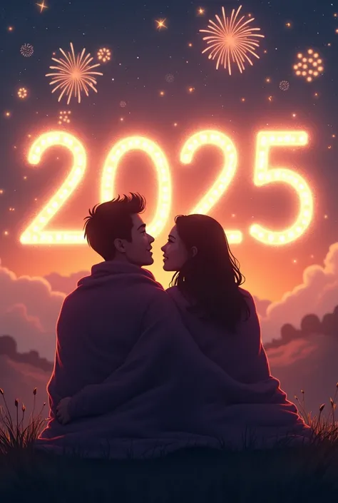 Two lovers wrapped in a blanket on a hilltop, watching fireworks in the shape of "2025" light up the starry night sky.