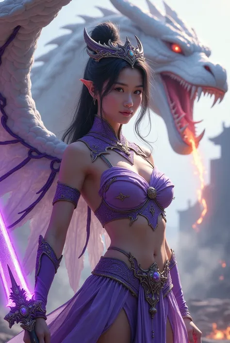 Close-up portrait A beautiful young Asian female fighter epic thin smile with a purple harness full of purple ornaments, has huge white wings and a crown of the king , holding a large golden glowing sword .  Background in the form of a white dragon breathi...