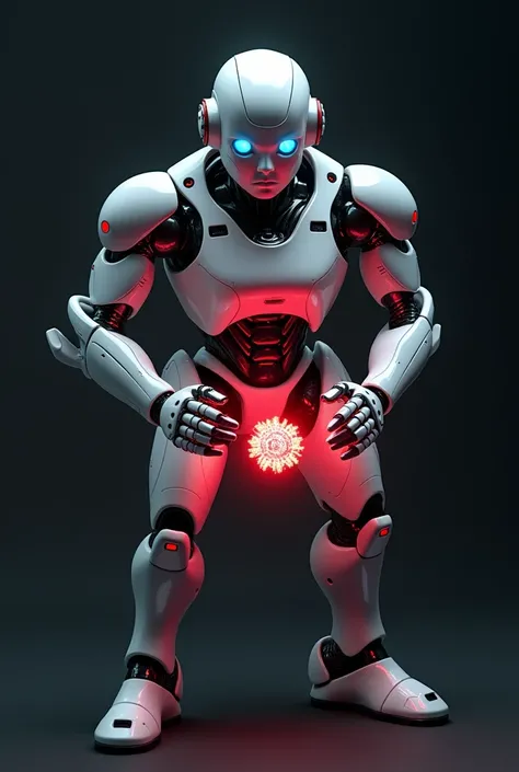 futuristic humanoid robot with a sleek metallic body featuring glowing red and blue accents. The robots face is smooth and expressionless, with bright, glowing blue eyes. Its design emphasizes an advanced AI aesthetic with visible circuits and mechanical j...