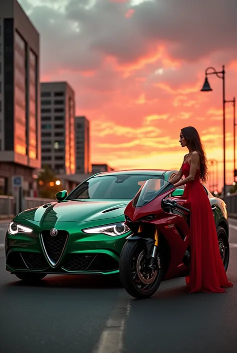  realistic photography , Machine,  Beautiful,   emerald Alfa Romeo Giulia Quadrifoglio is standing on the road , in front of the car, close up, standing Yamaha ,  a woman in an open red dress is sitting on a motorcycle,  against the sunset and the lights o...