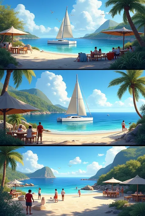  Create a picture of three pictures once with a catamaran in the bay, Once with beach , And once with bocce 