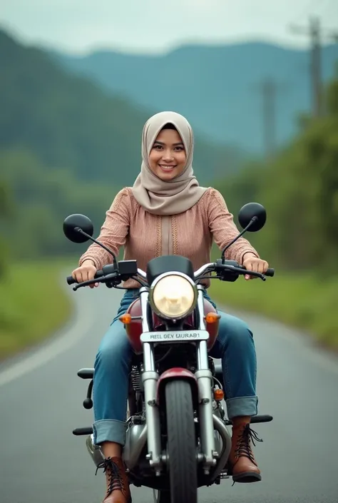  a beautiful woman ,  wearing a trendy hijab and kebaya and jeans 3/4,  wearing trendy boots , Ride a Honda PCX motorcycle on a rural road in Indonesia,  Smiling face facing camera, photography Cannon , 8K