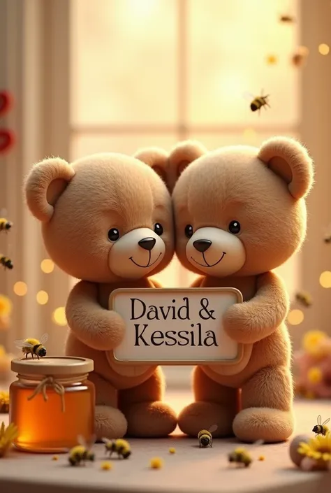   Two 3D bears in love holding a sign David Kessila Davi in a romantic setting ,   romantic setting a honey jar next door filled with bees Kessila David Davi "