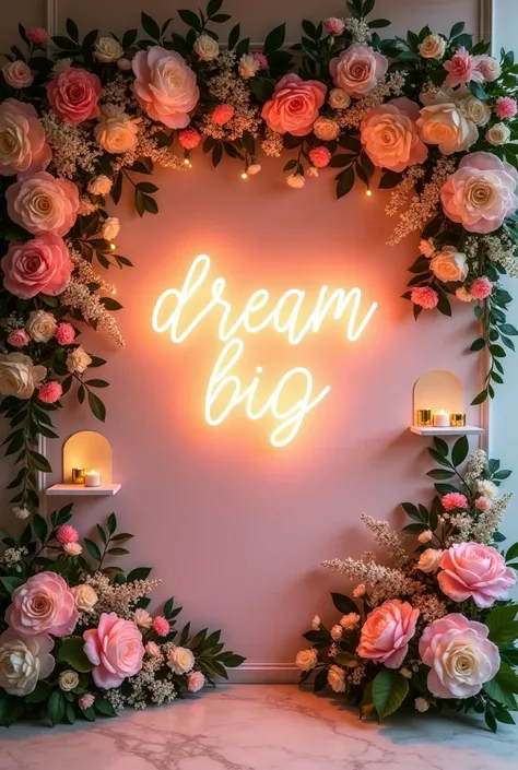 Floral and Neon Elegance Wall

Base: Use a white or pastel-colored wall as the foundation.

Backdrop: Cover a section with artificial greenery panels or a floral arrangement (roses, orchids, or peonies work best).

Neon Sign: Add a chic neon sign with a ph...