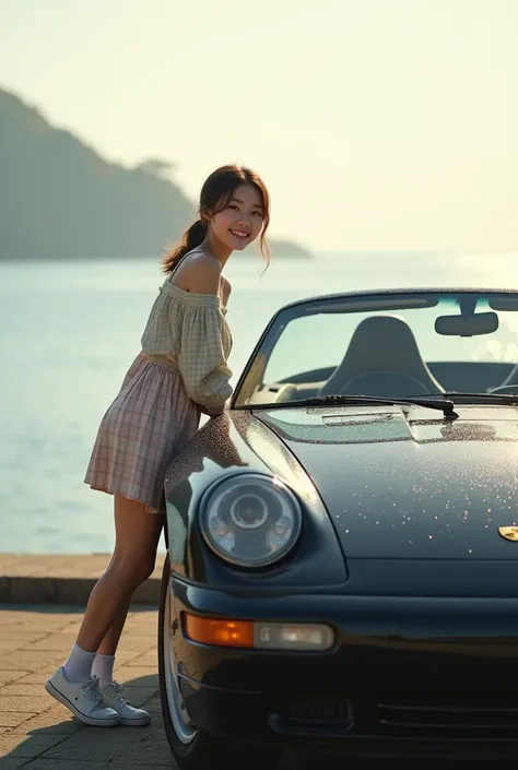 A wide landscape shot of a young Japanese girl in her early twenties casually leaning against a convertible Porsche Boxster during the tranquil early morning hours. She is facing the camera directly, her upper body lightly resting against the car’s side, w...