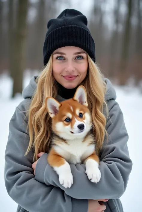  beautiful girl of European appearance,  bar with long blond hair, 20 years,  blue eyes , lips, in the snow with a corgi puppy in your arms , black knitted hat on the head , grey sweatshirt ,  balloon jacketwith long sleeves   