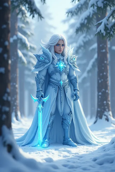  A tall gentleman with white hair and blue eyes like the sky and white skin of ice armor and an ice sword in the middle of a snowy forest,As the gentleman with a Minecraft model 
