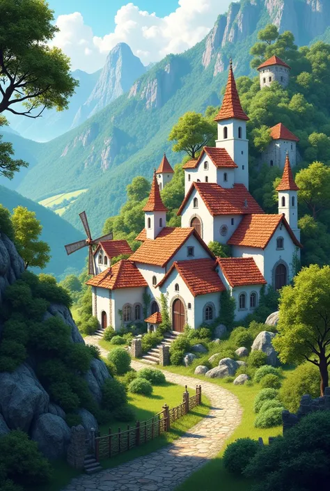 There is a small white village, located on a mountain, with a bright forest.