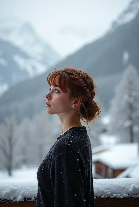 Distant shot, full-length view, real photo, beautiful 20-year-old European woman, auburn brown hair, fringes, short hair, braided bun, brown eyes, medium bust (95C), relaxed, ((extreme skin detail)), she is on a balcony of a chalet in the Alps in winter, s...