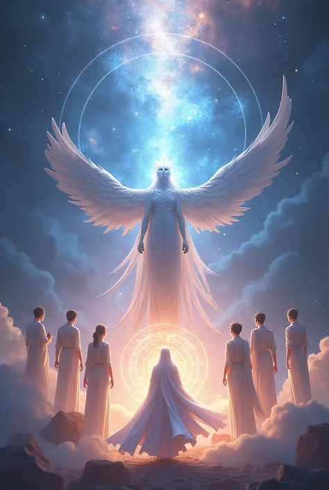 Create an image of Luxarius Elyon who is the same Ether. And in front of it is Aeroluxamor ,  and in front of Aeroluxamor are the 5 beings,  and in front of the 5 beings is Luxinor ,  which is the union of Luxarius Elyon .
