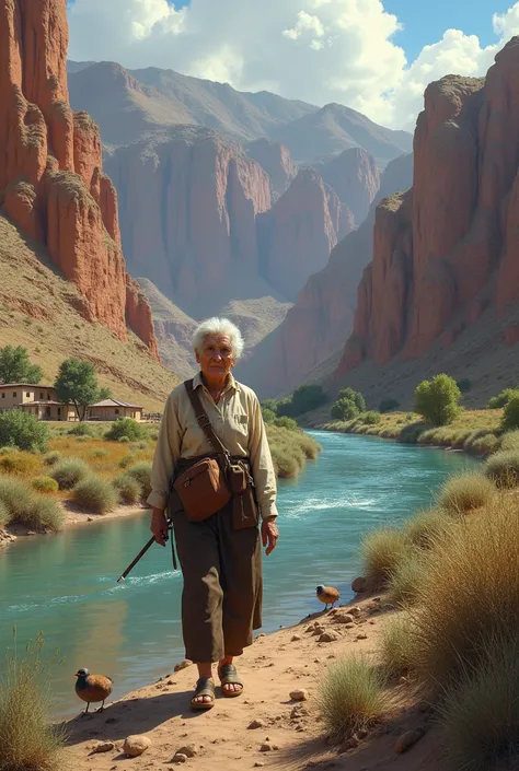 Image of the same grandmother from a small town walking along the river in the Quebrada de Humahuaca, Who hears a cry and comes to see   