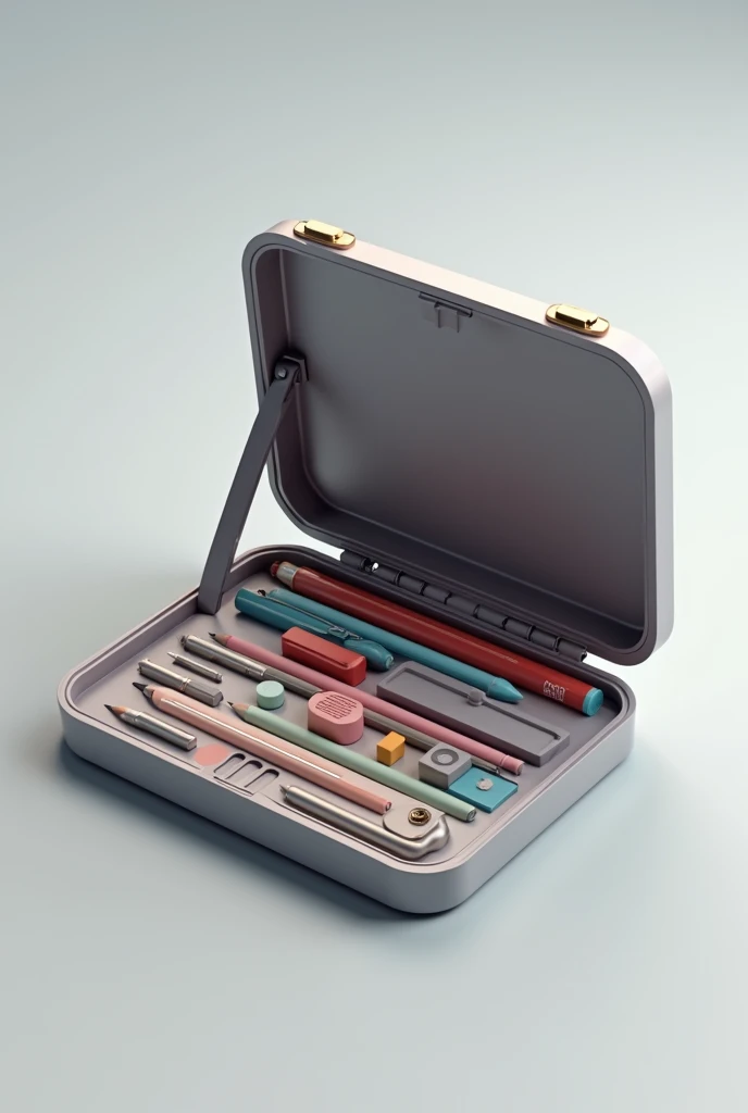  3d image of a school case with pens, pencils, rubbers or other materials 