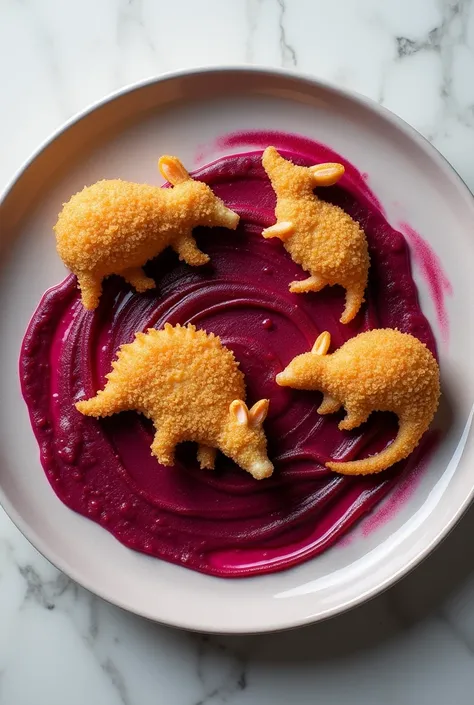 Generate a plate of nuggets in the shape of flat Australian animals accompanied by a beetroot puree that visualizes the entire plate from above