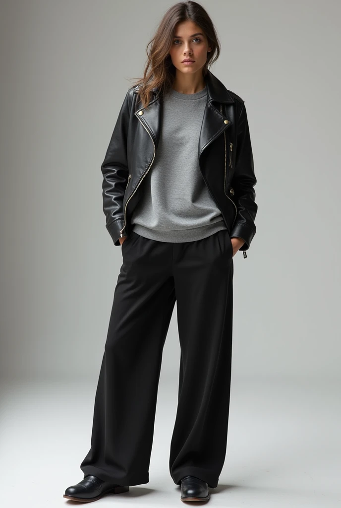 Wide leg pants with gray sweatshirt and black leather jacket 
