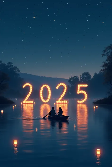 A couple paddling in a serene lake at night, surrounded by soft lanterns floating on the water. The reflection of the stars forms "2025" in the water’s gentle ripples.