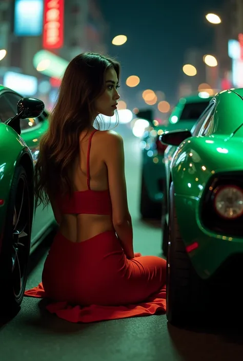   A realistic close-up photo ,  side view,  overlook a woman , car and motorcycle ,  who are in the frame together , , you can see her back and a little side ,  woman ,  Beautiful, Sports,  in an open red dress sits with his back to the camera on the road ...