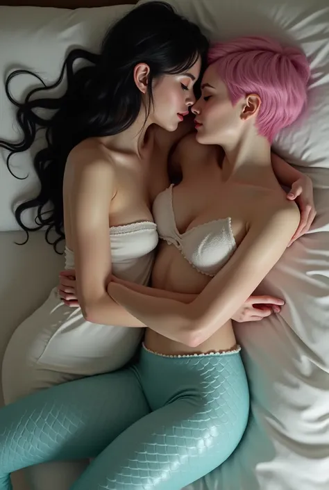 mermaid with pink pixie cut hair light blue blue fishtail lower half perky breast topless in bed hugging a human girl (black long hair white night dress). the human girl touch her breast she is moaning