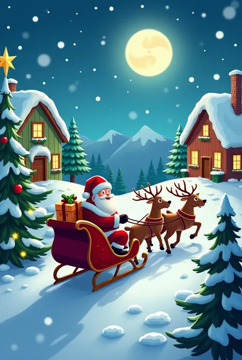 Christmas hd wallpaper, Santa Claus cartoon, riding, Decorated Christmas tree, snowfall, beautiful night view, homes in background 