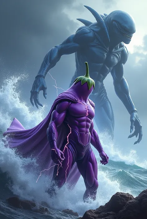 The superhero eggplant using his water storm powers, creating massive waves to strike the giant alien monster."