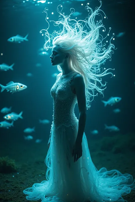 A hauntingly beautiful figure with glowing hair that flows like liquid moonlight, its body partially covered in shimmering scales that glow faintly. Its voice creates visible, glowing sound waves that ripple through the water. Behind it, an army of glowing...