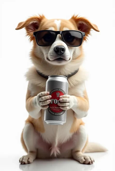  A dog with dark glasses holding a beer on a white background, The dog must appear completely 