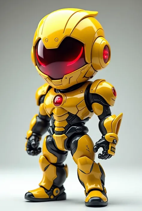 A chibi-style, futuristic armored character representing Zypher. The character has a sleek and athletic design, emphasizing speed and agility. The armor is predominantly bright yellow, with metallic steel accents strategically placed to enhance the design....