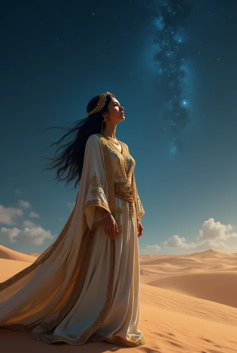  The queen, wearing a gold-embroidered abaya, gazes at the vast desert sky, the same stars that once watched over her fathers kingdom.