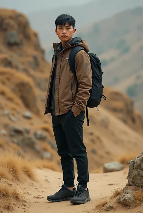 Real human photo, an Indonesian 25 years old man, short straight black hair, wearing brown jacket, black pant, black mountain shoes, standing and watching serious. Background is Sandy Rocky hill,  Real human photot, facing forward. 