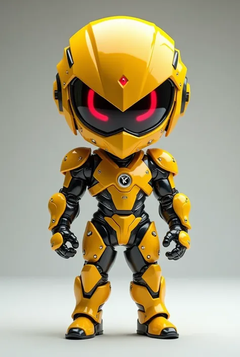 A chibi-style, futuristic armored character representing Zypher. The character has a sleek and athletic design, emphasizing speed and agility. The armor is predominantly bright yellow, with metallic steel accents strategically placed to enhance the design....