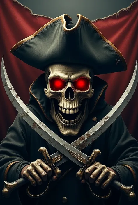 Make an intimidating jolly Roger with a hat and a sword and gun and red eyes