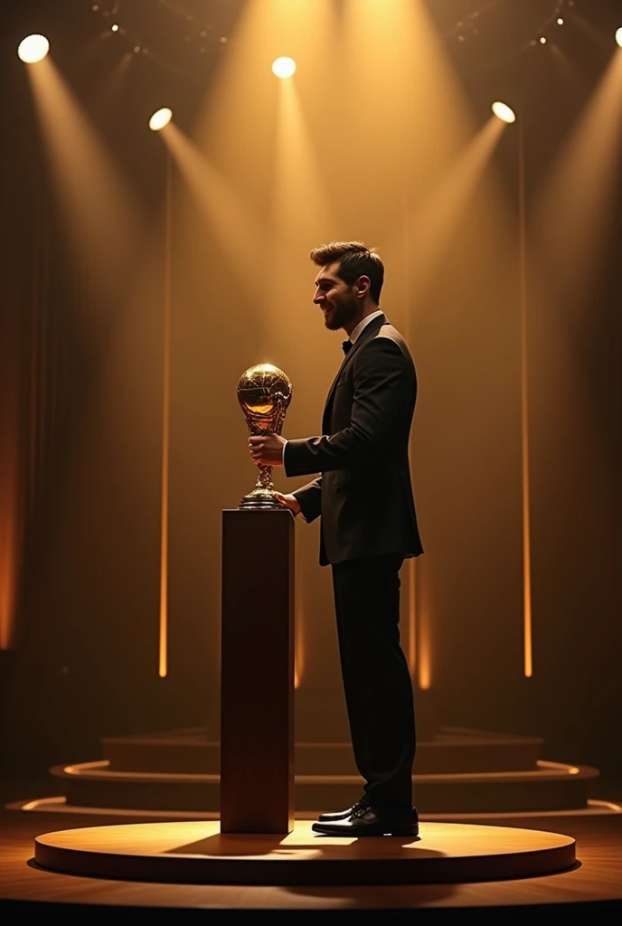 Create Messi in a black suit on stage with gold lights in the background receiving the Ballon dOr for the best player in the world 