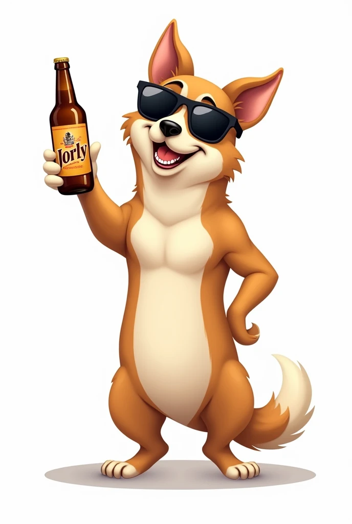 A dog in a cartoon with dark glasses holding a beer with the name Jorly,  white background, The dog must appear completely 