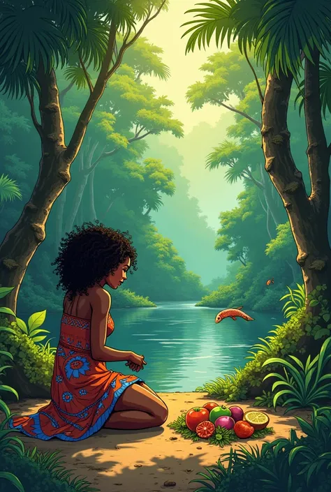  Generate a comic based on that story : 

 Sacred Roots

Picture 1 :
cena:  A terreiro at dusk ,  with drums in the background .  A young woman named Iara ,  with Afro-Brazilian costumes ,  is kneeling before an offering with fruit and flowers.
text: (narr...