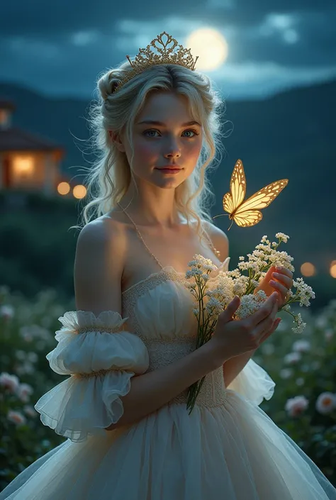  Girl in a Dress Complex Textures Dresses Unearthly Magical Lush exudes Sparkle,  A small Tiara with golden patterns on her head ,  Blonde hair, decorations,  A butterfly in one hand. Girl ,  The other hand with a bouquet of delicate Flowers ,  Very Beauti...