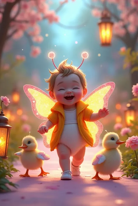 "A giggling baby wearing a colorful butterfly costume with sparkling wings, fluttering down the runway. Walking beside the baby is a fluffy baby duckling with tiny wings. The scene is decorated with flowers, glowing lanterns, and soft pastel tones, creatin...