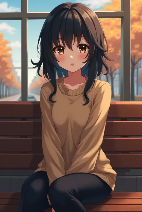 masterpiece,  high resolution keylet, Accuracy,  best quality,  Textured leather,  Retina ,  high quality , HD model, anime, student, in a sweater and pants ,  Black hair ,  brown eyes , sits on a bench.