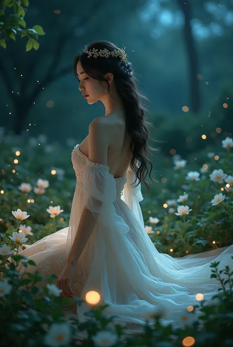 A beautiful woman in  the garden with fireflies at night 