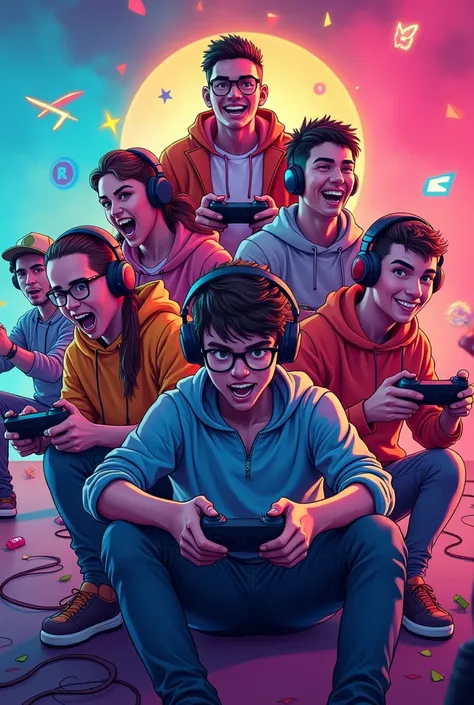 Create a banner to place as a background, him: gamer, colorful, with more than one person playing