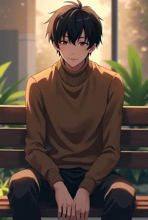 masterpiece,  high resolution keylet, Accuracy,  best quality,  Textured leather,  Retina ,  high quality , HD model, Anime body , student, a man in a sweater and pants,  Black hair ,  brown eyes , sits on a bench.