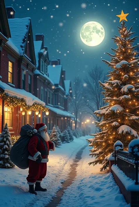 Christmas hd wallpaper, new york city, street with lights, glowing moon, slow snowing, Santa Claus coming with gifts, Decorated Christmas tree, beautiful night view, homes in background 