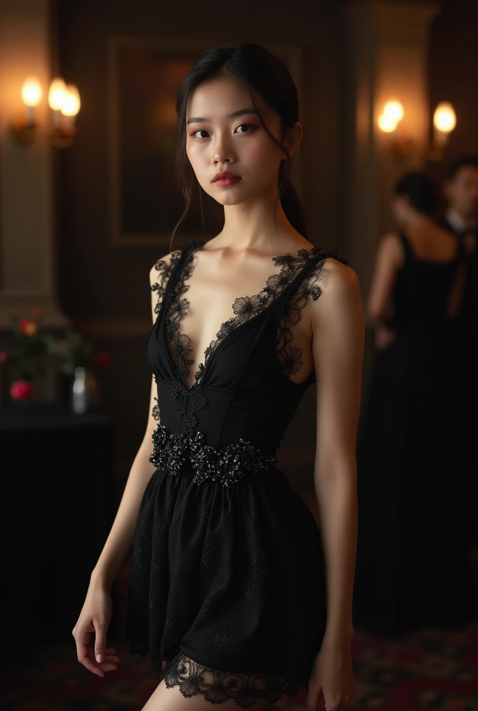 Hello, I want you to show me the image of a young woman dressed in a beautiful short black dress, very elegant for a party with a style of flowers and gothic details.