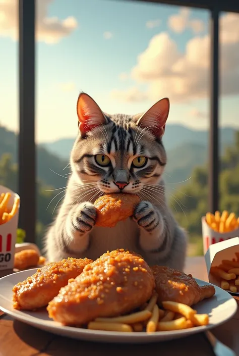 Cat eating chicken breasts with fast food and suting bant shart beautiful views 