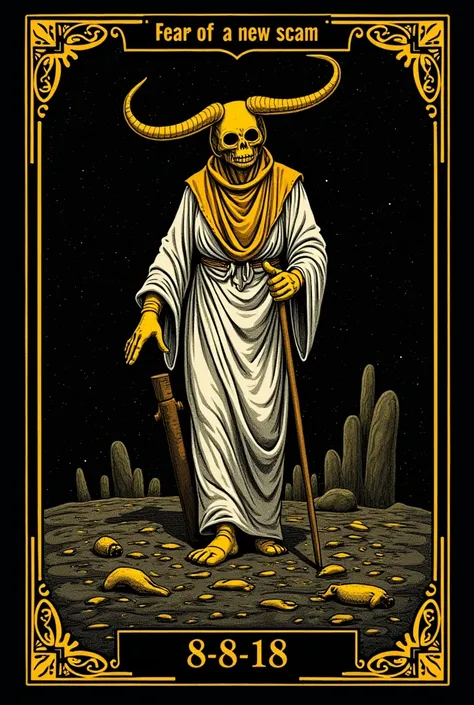  You need to make an image in the style of a tarot card . 
 Picture theme : Fear of a new scam
The picture style should be: tarot card, a silk screen, naive art.

 The picture should have a double frame of yellow-gold straight lines 1 px .

 The picture sh...