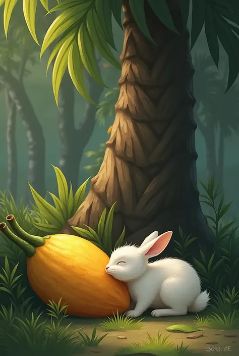 From the palm fruit tree a palm fruit fell beside a sleeping rabit which was sleeping under the tree