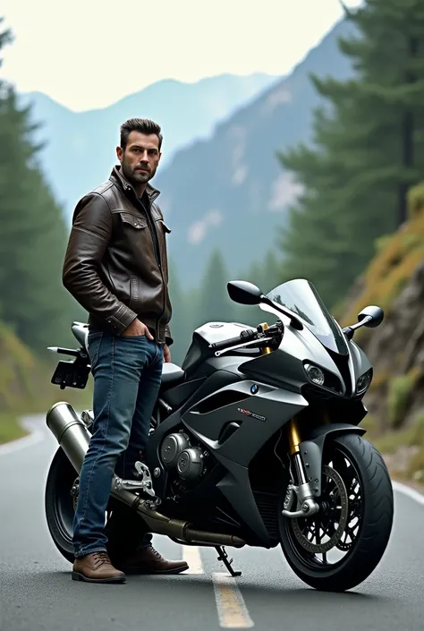 A man standing with bmw bike