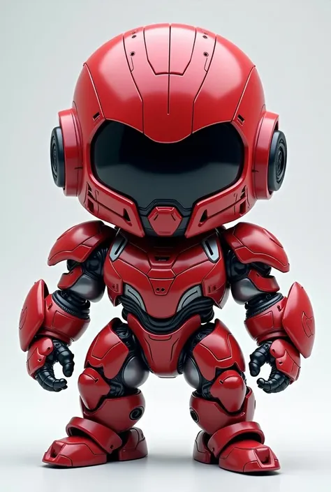  A futuristic chibi style character representing Magnor ,  shown in a static pose full body and completely in front ,  following the design established for other characters such as Kryon and Ordan .  The character has predominantly vibrant red armor with d...