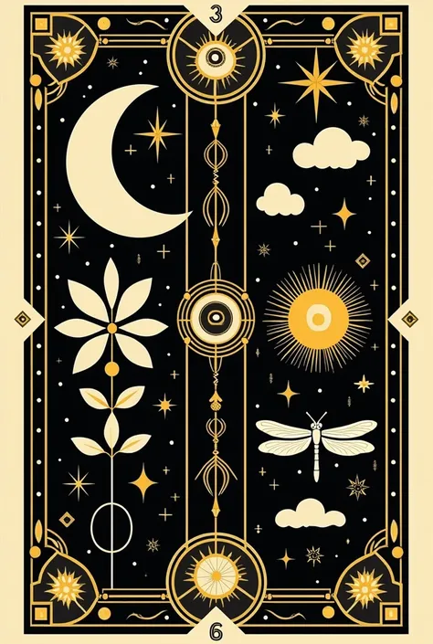 The image is an intricately designed Art Deco style tarot card featuring symmetrical and balanced composition with a vertical divide down the center. The primary colors are black, ivory, and gold, creating a high-contrast design that emphasizes its mystica...