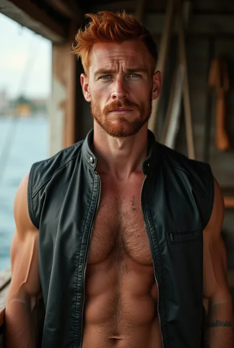 Red haircute, hairy black chest, half hard body, ruggedly handsome, muscular, half body, masculine, mature, Retrato de un joven, Muscular very handsome and attractive german men, A 30 years old male, Retrato de un joven, real, ( Man in the real ), lather v...